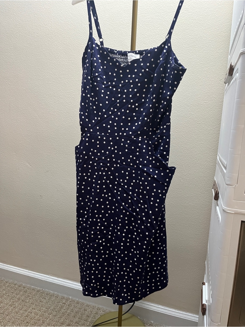 Navy Polka Dot Mini Dress with Pockets